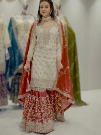 DESIGNER CHINON SILK EMBROIDERY AND SEQUENCE WITH STONE HAND WORK TOP SHARARA WITH DUPATTA ORANGE