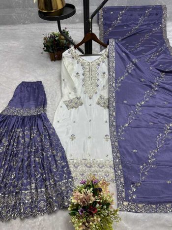 DESIGNER CHINON SILK EMBROIDERY AND SEQUENCE WITH STONE HAND WORK TOP SHARARA WITH DUPATTA LAVENDER