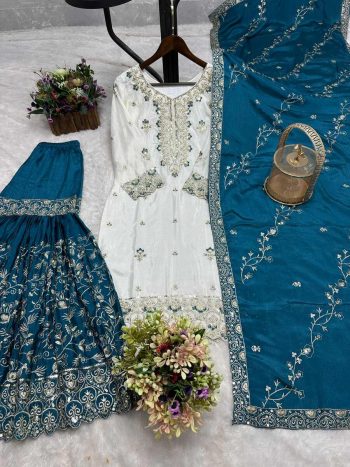 DESIGNER CHINON SILK EMBROIDERY AND SEQUENCE WITH STONE HAND WORK TOP SHARARA WITH DUPATTA TEAL