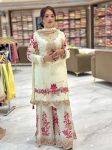 DESIGNER CHINON SILK EMBROIDERY WORK WITH FANCY BORDER LACE WORK TOP PALAZZO WITH DUPATTA  OFF WHITE