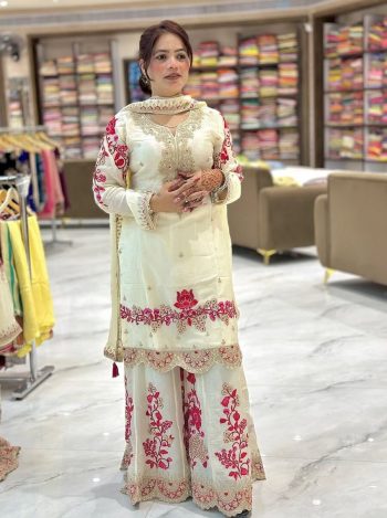 DESIGNER CHINON SILK EMBROIDERY WORK WITH FANCY BORDER LACE WORK TOP PALAZZO WITH DUPATTA  OFF WHITE