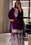 DESIGNER CHINON SILK EMBROIDERY WORK WITH FANCY BORDERS LACE WORK TOP PALAZZO WITH DUPATTA WINE