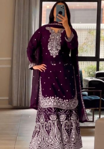 DESIGNER CHINON SILK EMBROIDERY WORK WITH FANCY BORDERS LACE WORK TOP PALAZZO WITH DUPATTA WINE
