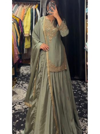 DESIGNER CHINON SILK MULTI NEEDLE EMBROIDERY WORK WITH SEQUENCE AND ZARI WORK TOP LEHENGA WITH DUPATTA GREEN