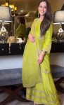 DESIGNER CHINON SILK SEQUENCE AND ZAR WORK TOP PALAZZO WITH DUPATTA PARROT GREEN