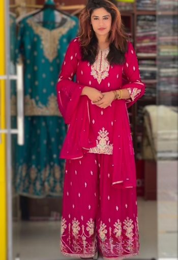 DESIGNER CHINON SILK SEQUENCE EMBROIDERY WORK TOP PALAZZO WITH DUPATTA RED