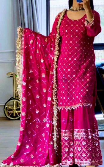 DESIGNER CHINON SILK SEQUENCE EMBROIDERY WORK TOP SHARARA WITH DUPATTA PINK