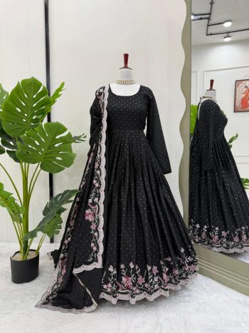 DESIGNER CHINON SILK THREAD WITH SEQUENCE WITH MUKESH WORK GOWN BOTTOM WITH DUPATTA BLACK