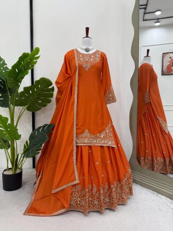 DESIGNER CHINON SILK THREAD WITH SEQUENCE WORK TOP LEHENGA WITH DUPATTA ORANGE