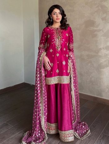 DESIGNER CHINON SILK ZARI SEQUENCE EMBROIDERY WORK TOP PALAZZO WITH DUPATTA PINK