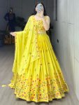 DESIGNER CHINON SLUB EMBROIDERY THREAD AND SEQUENCE WORK LEHENGA CHOLI WITH DUPATTA YELLOW