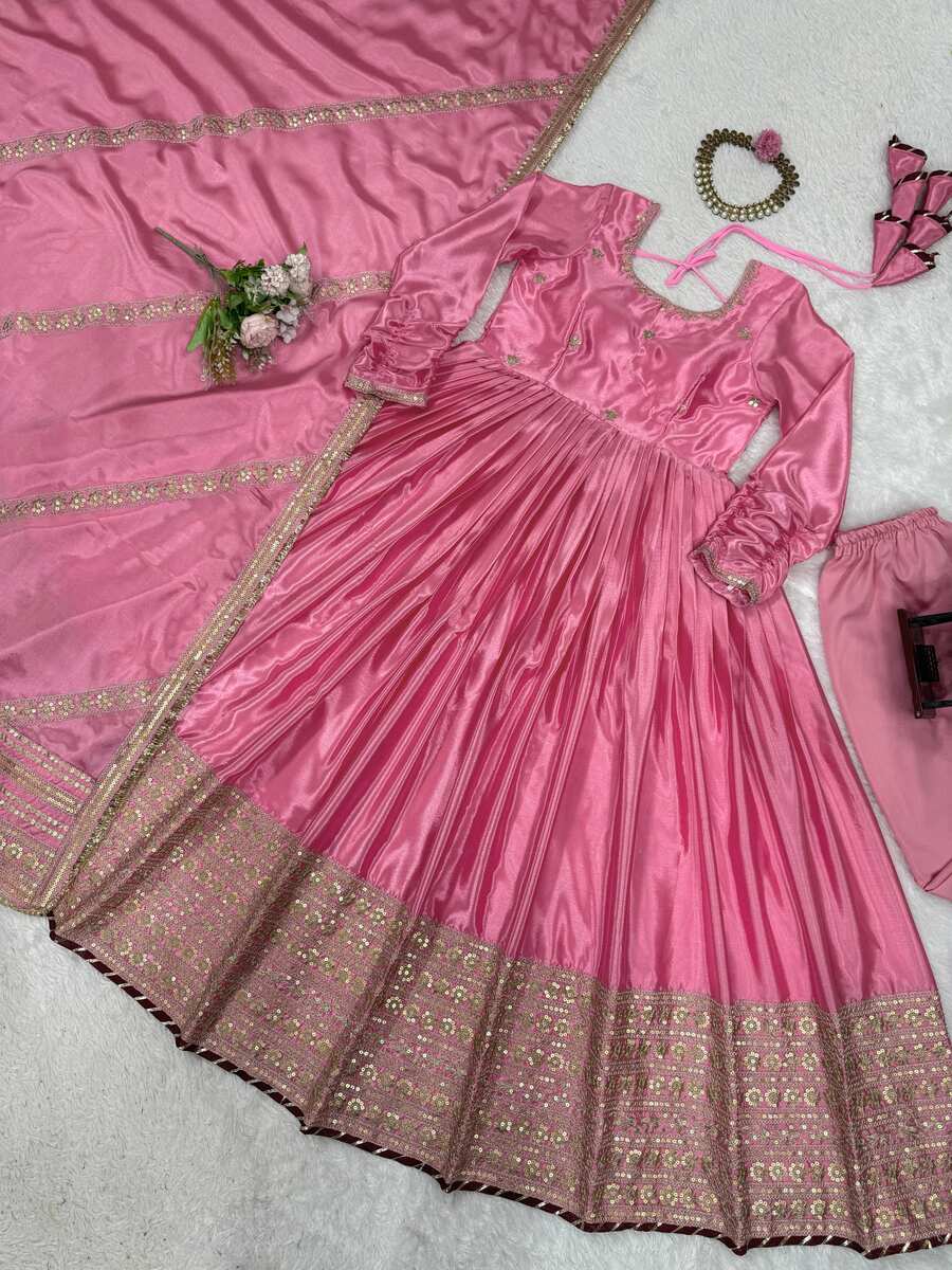 DESIGNER CHINON THREAD WITH SEQUENCE LACE BORDER WORK GOWN BOTTOM WITH DUPATTA PARTY WEAR WHOLESALE PRICE ETHNIC GARMENT (14)