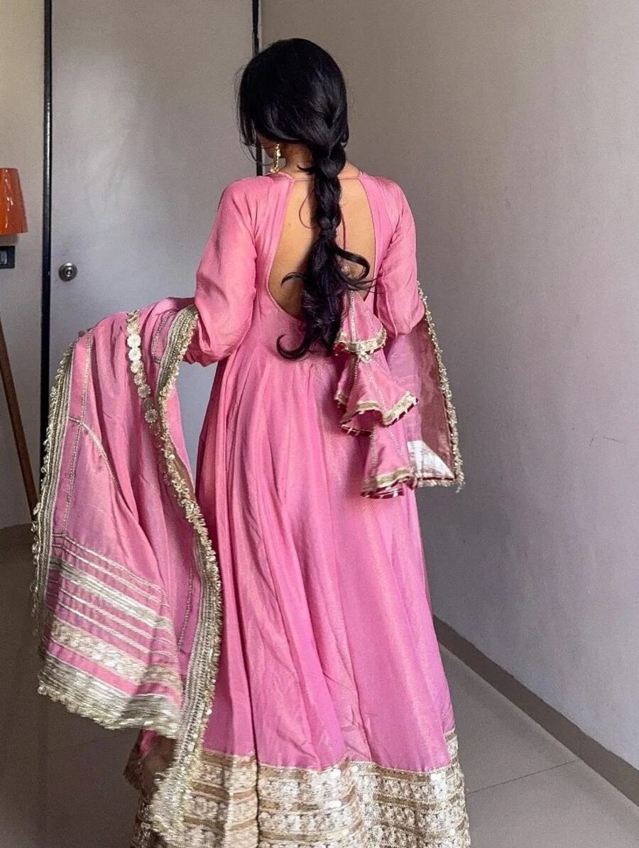 DESIGNER CHINON THREAD WITH SEQUENCE LACE BORDER WORK GOWN BOTTOM WITH DUPATTA PARTY WEAR WHOLESALE PRICE ETHNIC GARMENT (4)