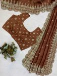 DESIGNER COSMOS CODING SEQUENCE EMBROIDERY WORK AND CUT WORK SAREE WITH FULL STITCHED BLOUSE PARTY WEAR WHOLESALE PRICE ETHNIC GARMENT (3)