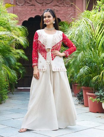 DESIGNER COSMOS SIMMER CODING EMBROIDERY WITH THREAD WORK BLOUSE KOTI WITH PALAZZO  RED