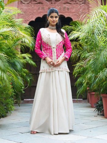 DESIGNER COSMOS SIMMER CODING EMBROIDERY WITH THREAD WORK BLOUSE KOTI WITH PALAZZO RANI