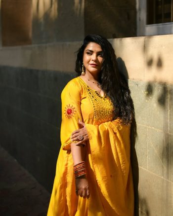 DESIGNER COTTON MIRROR WORK AND EMBROIDERY WORK ANARKALI TOP BOTTOM WITH DUPATTA YELLOW