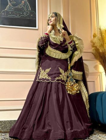 DESIGNER CREEP SILK BEADS HAND WORK WITH SEQUENCE MULTI NEEDLE EMBROIDERY AND ZARI WORK TOP LEHENGA WITH DUPATTA BROWN