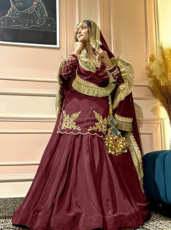 DESIGNER CREEP SILK BEADS HAND WORK WITH SEQUENCE MULTI NEEDLE EMBROIDERY AND ZARI WORK TOP LEHENGA WITH DUPATTA MAROON