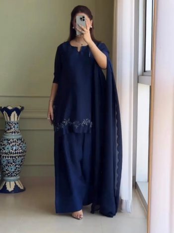 DESIGNER CREPE SILK BEADS HAND WORK TOP PATIYALA WITH DUPATTA NAVY BLUE