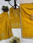 DESIGNER CREPE SILK EMBROIDERY AND SEQUENCE WORK WITH RIVETED MOTI WORK TOP PALAZZO WITH DUPATTA YELLOW