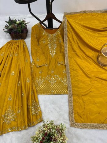 DESIGNER CREPE SILK EMBROIDERY AND SEQUENCE WORK WITH RIVETED MOTI WORK TOP PALAZZO WITH DUPATTA YELLOW