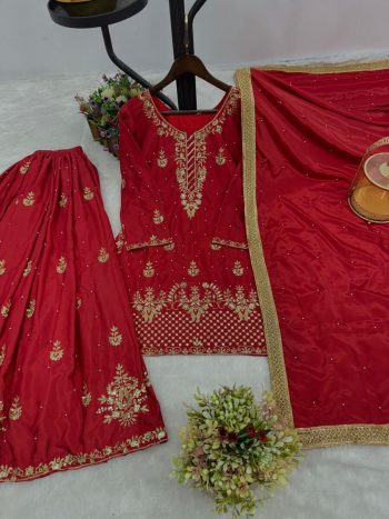 DESIGNER CREPE SILK EMBROIDERY AND SEQUENCE WORK WITH RIVETED MOTI WORK TOP PALAZZO WITH DUPATTA RED