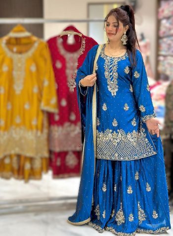 DESIGNER CREPE SILK EMBROIDERY AND SEQUENCE WORK WITH RIVETED MOTI WORK TOP PALAZZO WITH DUPATTA BLUE