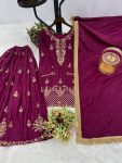 DESIGNER CREPE SILK EMBROIDERY AND SEQUENCE WORK WITH RIVETED MOTI WORK TOP PALAZZO WITH DUPATTA WINE
