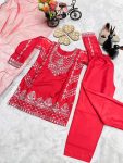 DESIGNER CREPE SILK EMBROIDERY SEQUENCE WORK KID’S TOP BOTTOM WITH DUPATTA FESTIVE WEAR WHOLESALE PRICE ETHNIC GARMENT (9)