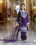 DESIGNER CREPE SILK EMBROIDERY SEQUENCE WORK KID’S TOP BOTTOM WITH DUPATTA FESTIVE WEAR WHOLESALE PRICE ETHNIC GARMENT (4)