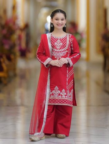 DESIGNER CREPE SILK EMBROIDERY SEQUENCE WORK KID'S TOP BOTTOM WITH DUPATTA RANI