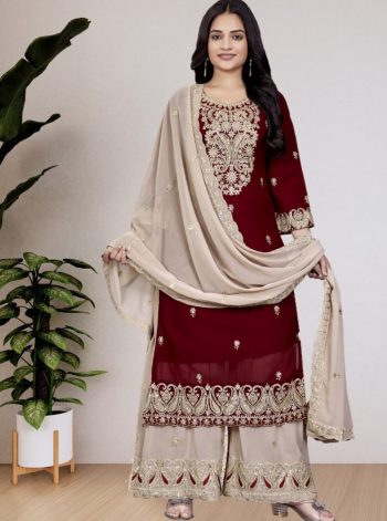 DESIGNER EMBROIDERY SEQUENCE WORK TOP PALAZZO WITH DUPATTA MAROON