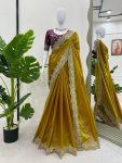 DESIGNER FENDY SILK THREAD WITH SEQUENCE WORK SAREE WITH UNSTITCHED BLOUSE  YELLOW