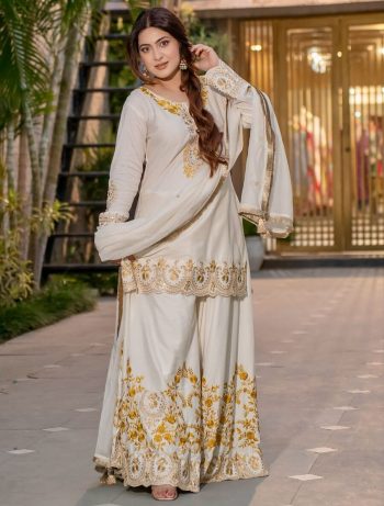 DESIGNER FRENCH CREPE EMBROIDERY SEQUENCE WORK TOP PALAZZO WITH DUPATTA  WHITE