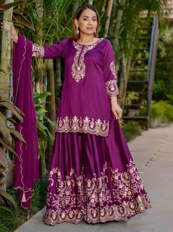 DESIGNER FRENCH CREPE EMBROIDERY SEQUENCE WORK TOP PALAZZO WITH DUPATTA  WINE