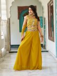 DESIGNER GEORGETTE CODING SEQUENCE AND THREAD EMBROIDERY WORK WITH LATKAN LACE WORK BLOUSE PALAZZO WITH DUPATTA YELLOW