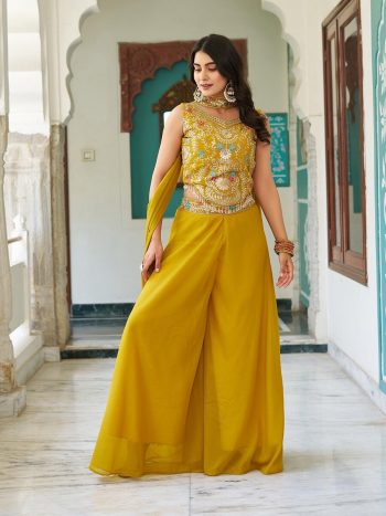DESIGNER GEORGETTE CODING SEQUENCE AND THREAD EMBROIDERY WORK WITH LATKAN LACE WORK BLOUSE PALAZZO WITH DUPATTA YELLOW