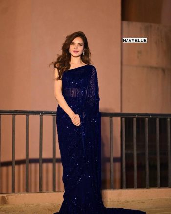 DESIGNER GEORGETTE EMBROIDERY  AND SEQUENCE WORK SAREE WITH UNTITCHED BLOUSE NAVY BLUE