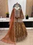 DESIGNER GEORGETTE EMBROIDERY CODING SEQUENCE WITH BEADS HAND WORK TOP LEHENGA WITH DUPATTA  CHIKU