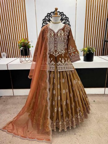DESIGNER GEORGETTE EMBROIDERY CODING SEQUENCE WITH BEADS HAND WORK TOP LEHENGA WITH DUPATTA  CHIKU