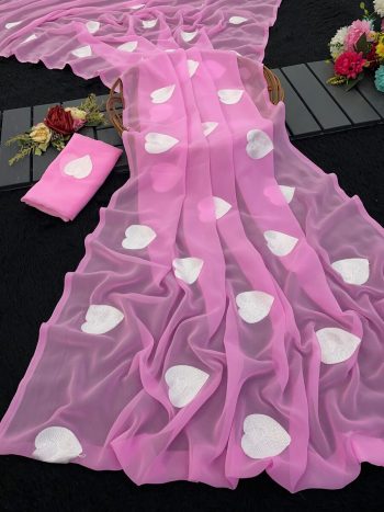 DESIGNER GEORGETTE EMBROIDERY HEART WORK SAREE WITH UNSTITCHED BLOUSE BABY PINK