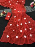 DESIGNER GEORGETTE EMBROIDERY HEART WORK SAREE WITH UNSTITCHED BLOUSE RED