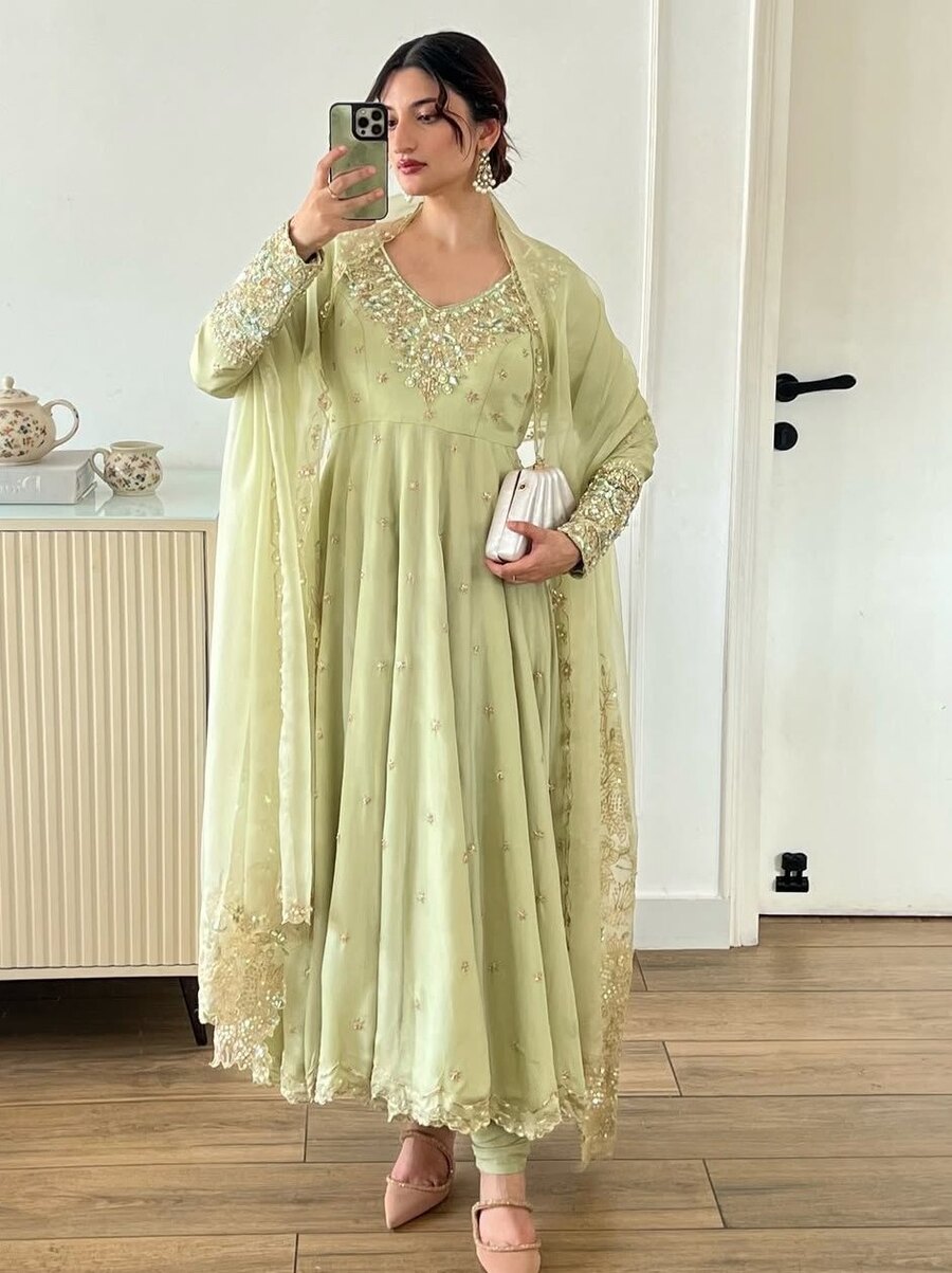 DESIGNER GEORGETTE EMBROIDERY RAMBO SEQUENCE WITH MOTI WORK GOWN BOTTOM WITH DUPATTA FESTIVE WEAR WHOLESALE PRICE ETHNIC GARMENT (3)