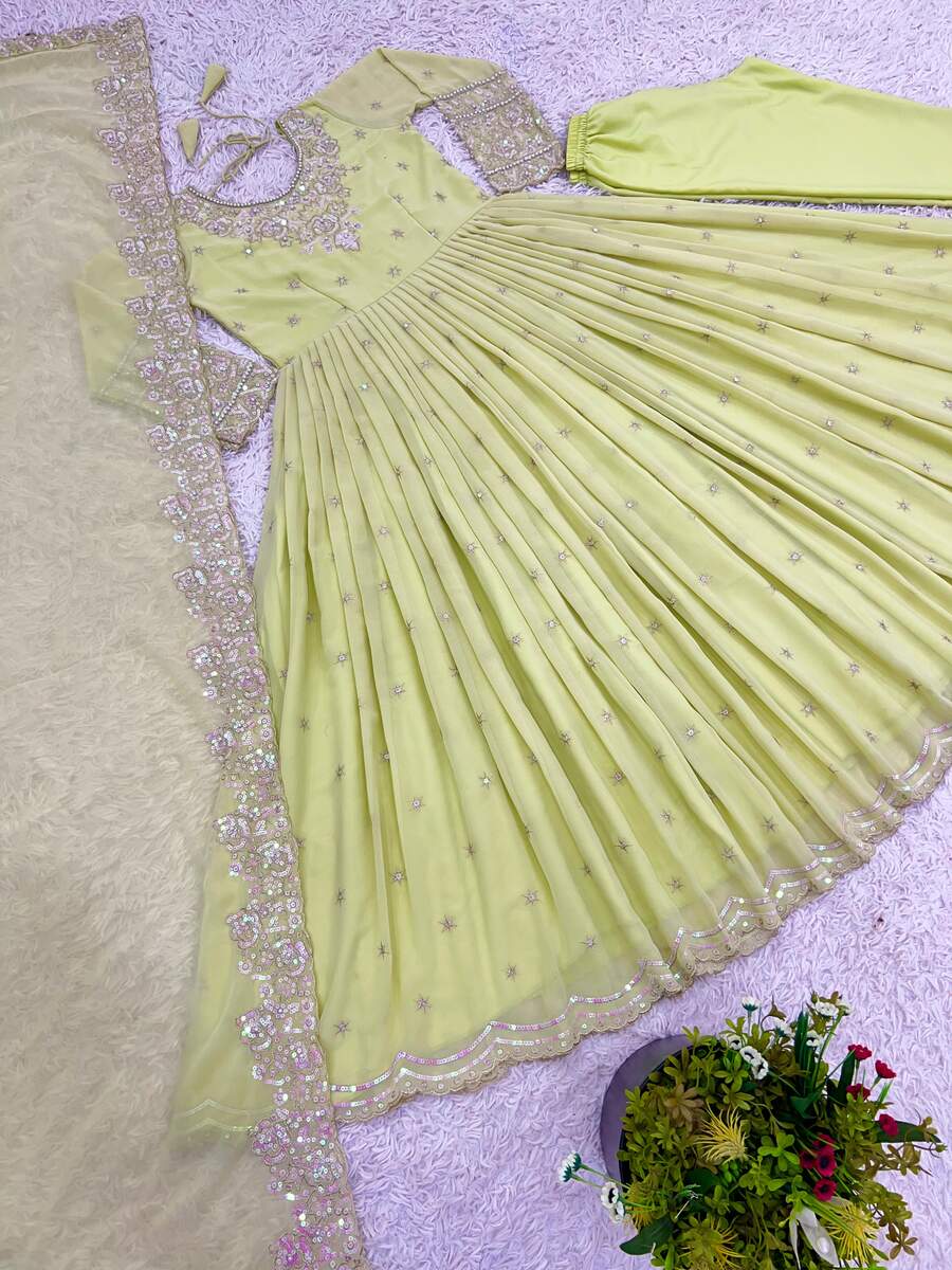 DESIGNER GEORGETTE EMBROIDERY RAMBO SEQUENCE WITH MOTI WORK GOWN BOTTOM WITH DUPATTA FESTIVE WEAR WHOLESALE PRICE ETHNIC GARMENT (7)