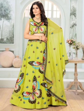 DESIGNER GEORGETTE EMBROIDERY SEQUENCE WORK LEHENGA CHOLI WITH DUPATTA LEMON