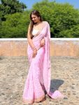 DESIGNER GEORGETTE EMBROIDERY SEQUENCE WORK WITH LACE WORK SAREE WITH UNSTITCHED BLOUSE  BABY PINK