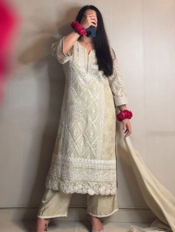 DESIGNER GEORGETTE EMBROIDERY SEQUENCE WORK WITH MOTI WORK TOP PALAZZO WITH DUPATTA CREAM