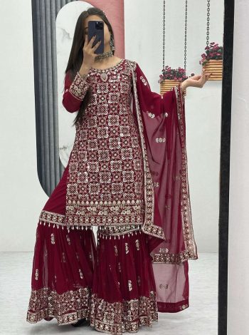 DESIGNER GEORGETTE EMBROIDERY THREAD  AND SEQUENCE WORK TOP SHARARA WITH DUPATTA MAROON