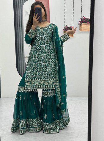 DESIGNER GEORGETTE EMBROIDERY THREAD  AND SEQUENCE WORK TOP SHARARA WITH DUPATTA GREEN
